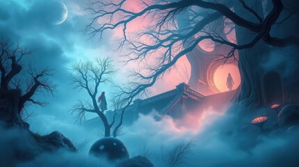 Nighttime fantasy landscape with silhouette