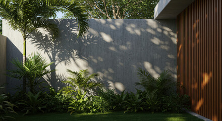 Lush tropical foliage thrives against a textured concrete wall bathed in dappled sunlight beside a modern slatted wood panel exterior