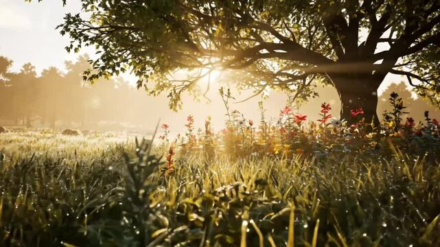 Sunrise meadow with large tree