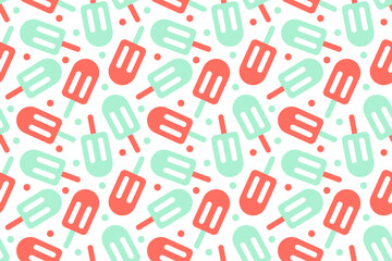 Seamless pattern of summer popsicles in peach orange and mint green with dotted decorations on white background.
