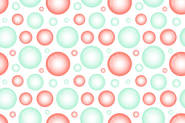 Seamless pattern of multi-size bubbles in peach orange and mint green on a clean white background.