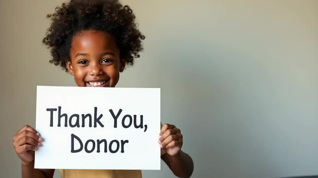 Happy Child Holding “Thank You, Donor” Sign for Blood Donation Appreciation and Awareness Campaigns - Powered by Adobe