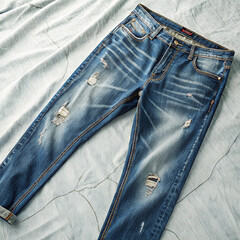 "Ripped Distressed Blue Denim Jeans on Bed Sheet"

