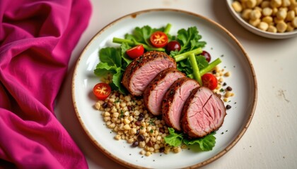 warmly cut roasted duck breast, clean salad, quinoa, pale beige setting, notion of canine confections, unplicated repast, cozy aesthetic, upside down perspective, subject right, copy space left