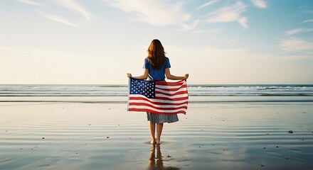 Woman holding US flag on tranquil beach at sunrise
