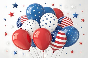 Festive red white and blue balloons and stars for american independence day celebration