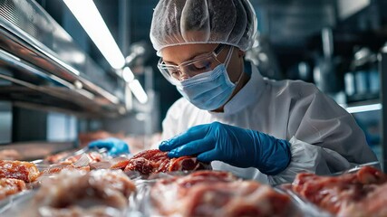 Food safety inspector in protective clothing examining raw meat samples at modern food processing plant for quality control - Powered by Adobe