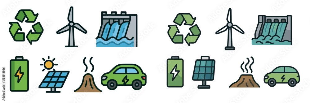Aufkleber renewable energy icons representing various sustainable energy sources and technologies for a greene