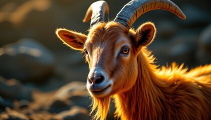 Obraz premium illuminated fiery goat portrait with dramatic fire and shadow contrasts, epic in soft glow style from mirror reflection, subject at the bottom with copy space at the top