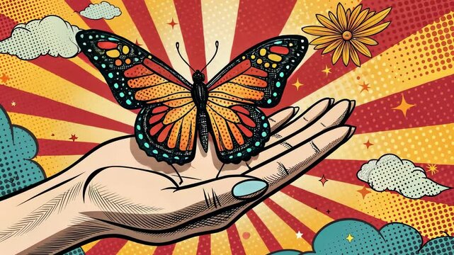 Vivid butterfly resting on a human hand surrounded by sunbursts, clouds, and flowers in bold pop art comic