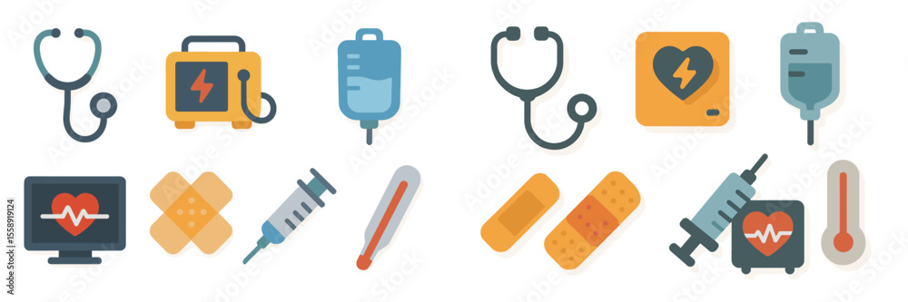 Aufkleber medical icons representing healthcare tools and devices in a simple and colorful design
