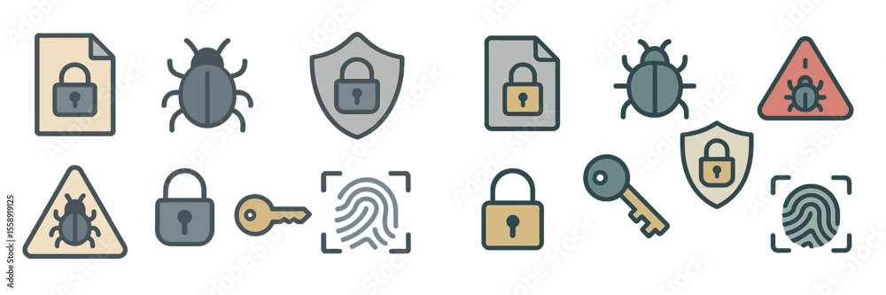 Poster various cybersecurity symbols representing digital threats and protective measures in a seamless des