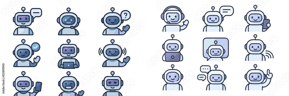 Poster Diverse set of robot icons designed for user interaction in different digital contexts showcasing communication and assistance