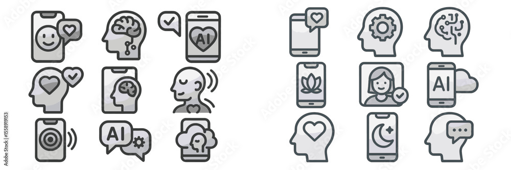 Poster Digital icons representing artificial intelligence and mental health in modern technology use