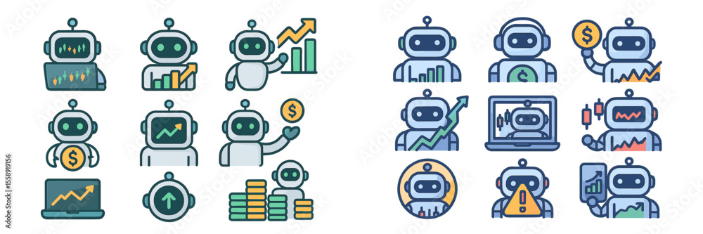 Poster Colorful illustrations of robots engaged in financial activities and data analysis in a modern workspace