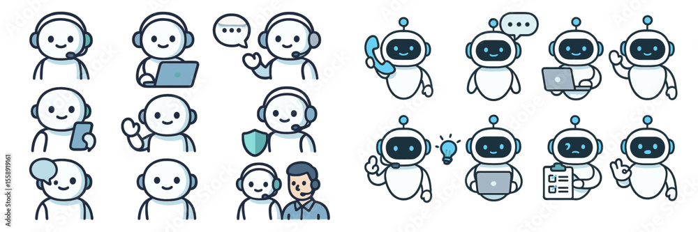 Poster Engaging support icons depicting communication between customer service agents and chatbots in various scenarios
