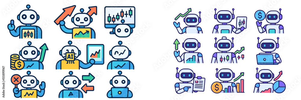 Poster Collection of diverse robot illustrations depicting various activities related to technology and business analytics