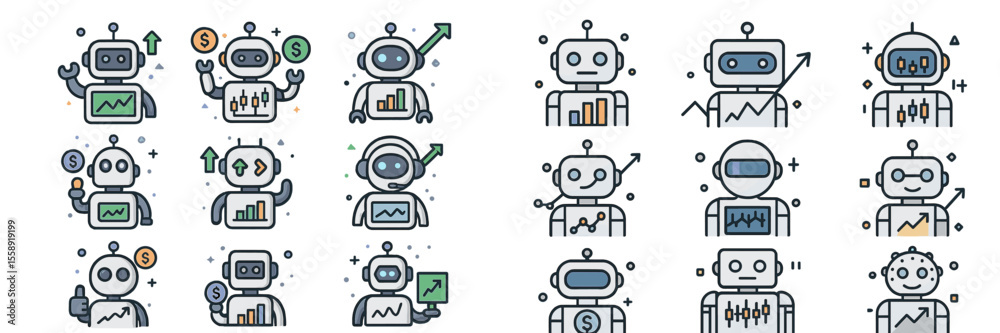 Poster Illustrations of various robots engaged in data analysis and financial activities in a digital workspace