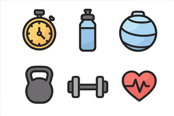 Obraz premium Fitness equipment and tools for workouts including a stopwatch, water bottle, and kettlebell represented in a colorful design