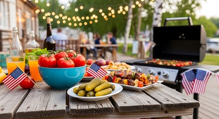 Vibrant Outdoor Barbecue Party with Grilled Meats, Fresh Produce, and Festive Table Setting
