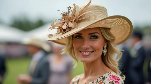 An elegant blond woman wears a decorative hat at a horse racing event. She sports a floral dress, showcasing Old Money style. Lively racetrack spring atmosphere. High society