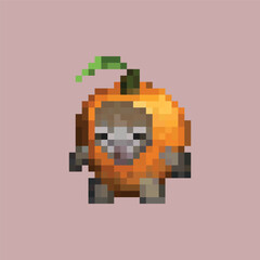 Pixel art of a cat-faced character in a orange costume on a pink background. A surreal and humorous design with strong meme and internet culture appeal