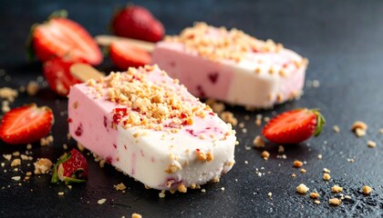 Strawberry Shortcake Ice Cream on a Stick
A pink and white ice cream bar on a stick, covered in strawberry and vanilla cookie crumbs. Crunchy outside, fruity and creamy inside.