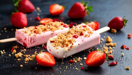 Strawberry Shortcake Ice Cream on a Stick
A pink and white ice cream bar on a stick, covered in strawberry and vanilla cookie crumbs. Crunchy outside, fruity and creamy inside.