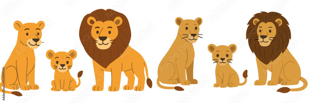 Poster family of cartoon lions in playful poses displaying affection in a simple graphic style