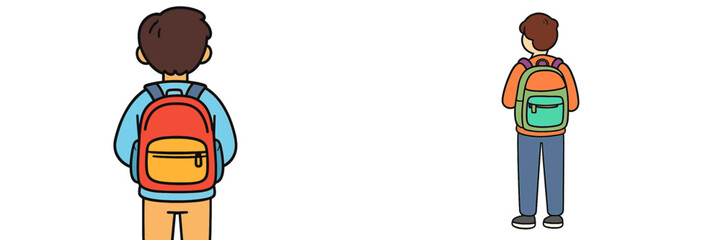 Obraz premium Children with backpacks walk away in a simple, colorful illustration set against a plain background