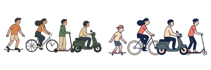 Fototapeta premium Diverse group enjoying various modes of transport on a sunny day in an urban setting