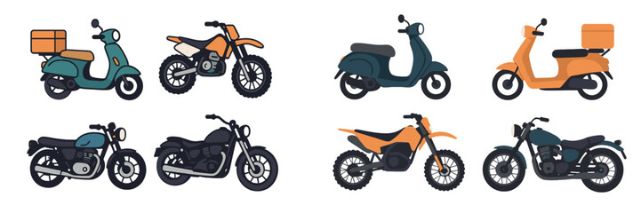 Different types of motorcycles and scooters in a colorful graphic display featuring various styles and designs