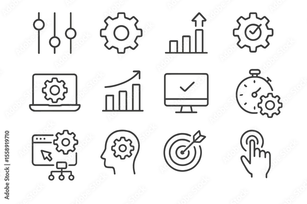 Poster Various icons representing technology, analytics, and productivity tools in a minimalist design featuring gears and graphs