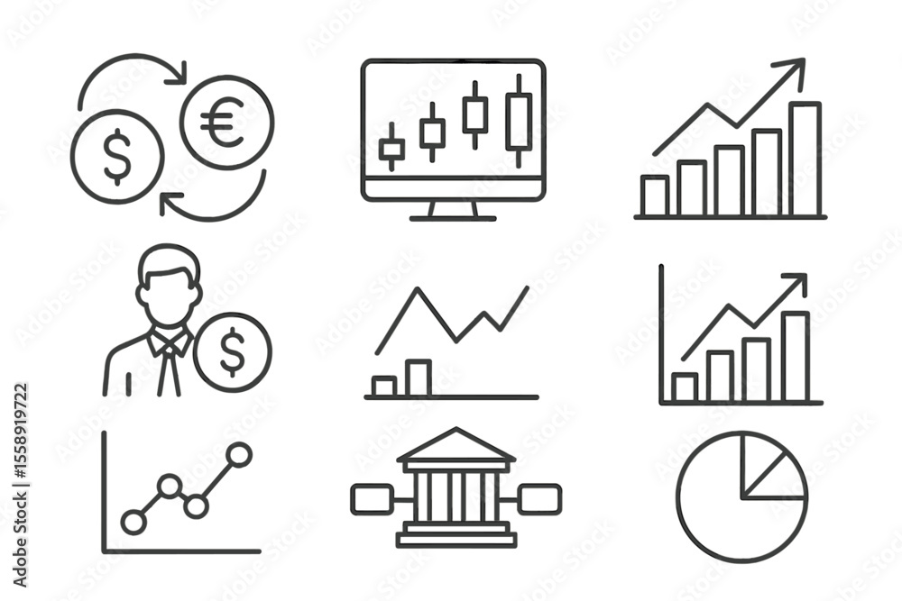 Aufkleber financial analysis tools showcase various currency exchange charts and business metrics in a modern 
