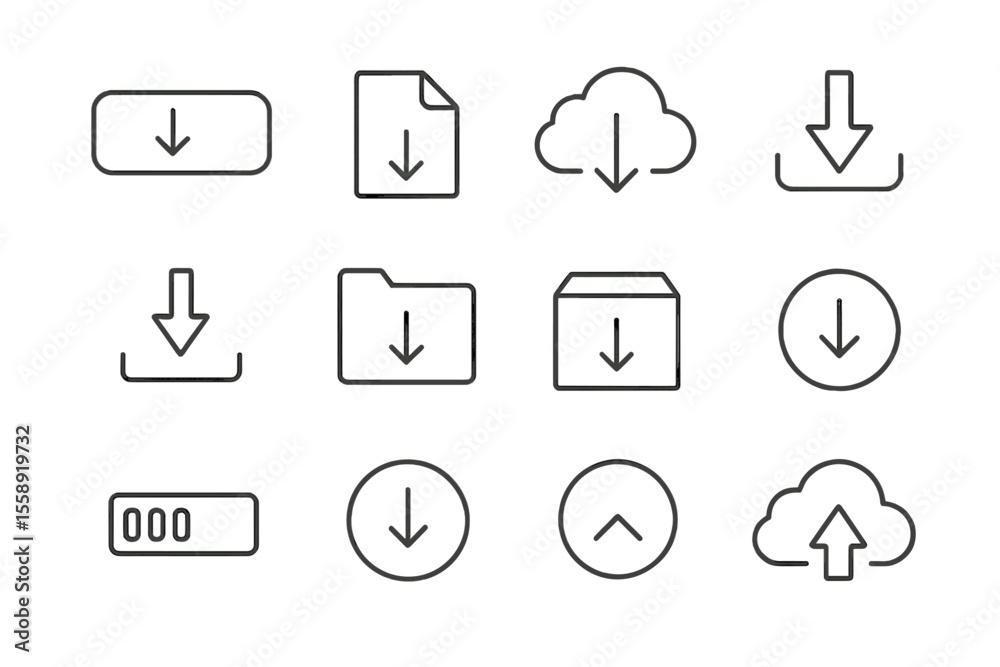 Poster download icons collection featuring various designs for files, folders, clouds, and progress indicat