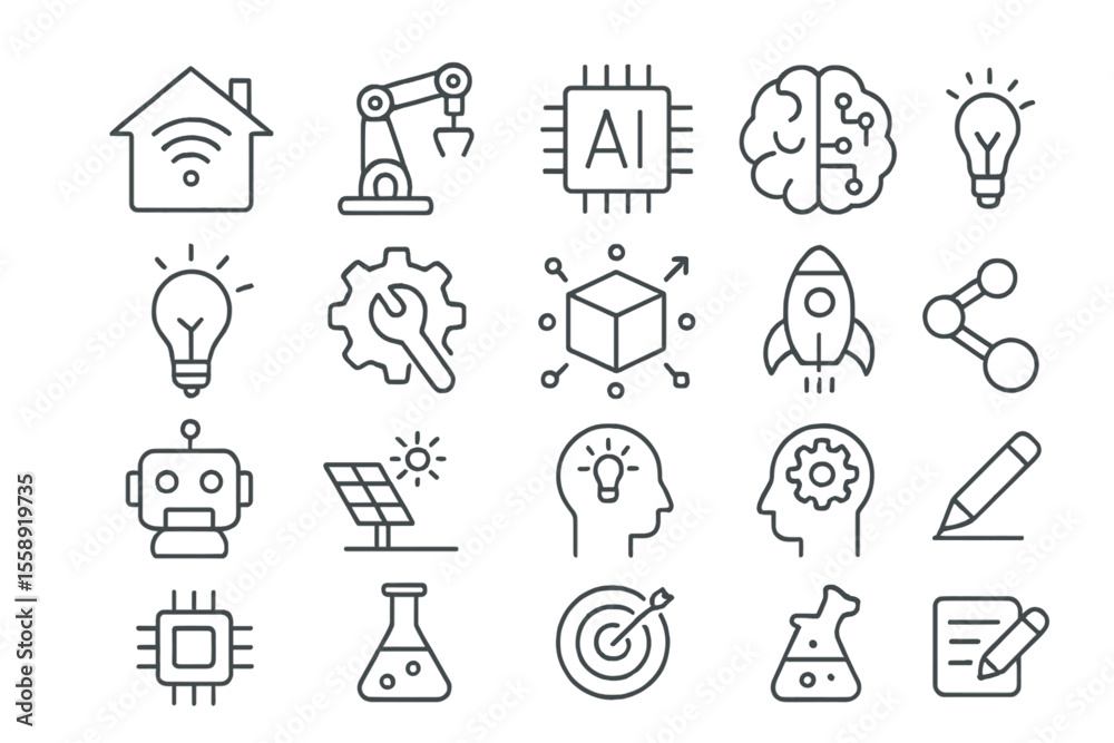Poster creative design of modern technology icons illustrating concepts like ai, robotics, and renewable en