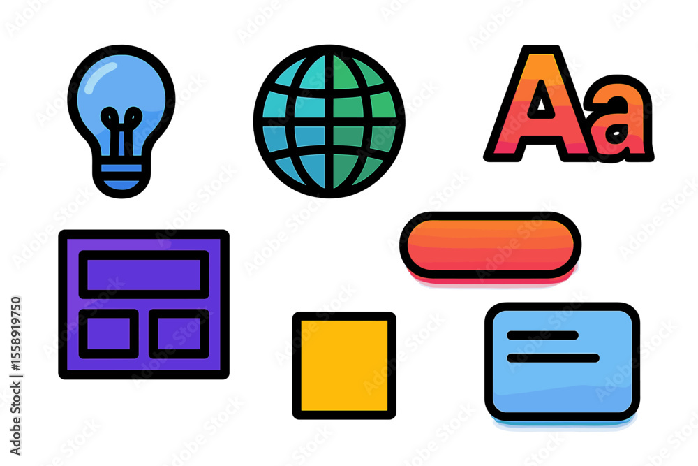 Poster creative design elements featuring light bulb, globe, typography, grids, and colorful shapes used fo
