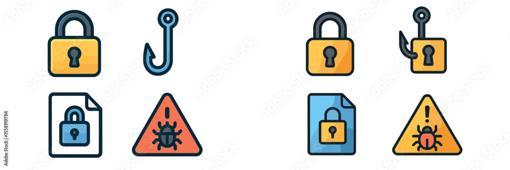 Poster colorful icons representing cybersecurity concepts such as phishing, malware, and online safety prac