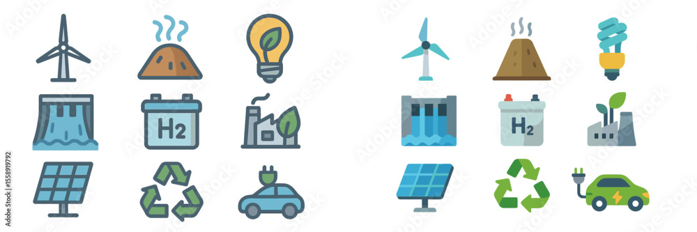 Aufkleber renewable energy symbols illustrating diverse sustainable technologies and practices in a clean futu