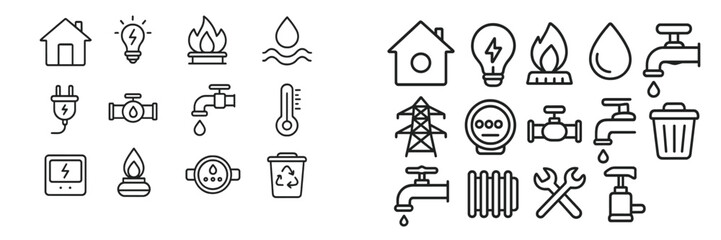 Collection of utility icons representing water, electricity, and heating systems suitable for designs and presentations