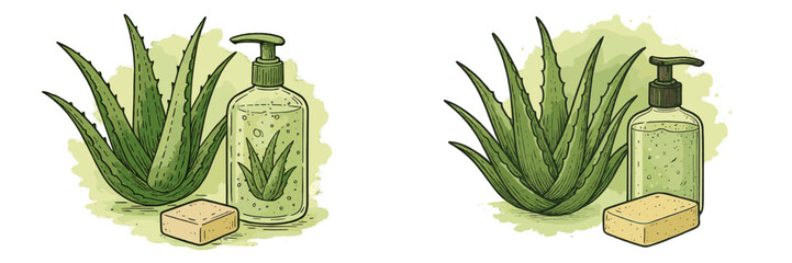 Natural aloe vera gel and soap with fresh aloe plant in a calming green layout