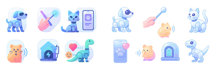 Interactive pet icons showcasing various animals and activities for a playful digital interface
