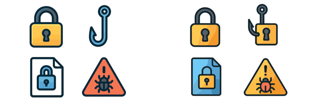 Colorful icons representing cybersecurity concepts such as phishing, malware, and online safety practices