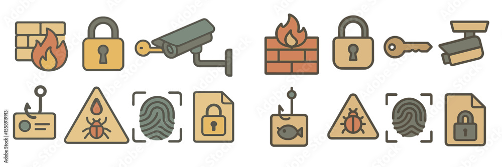 Poster security icons representing safety, surveillance, and threats in a modern digital environment with v