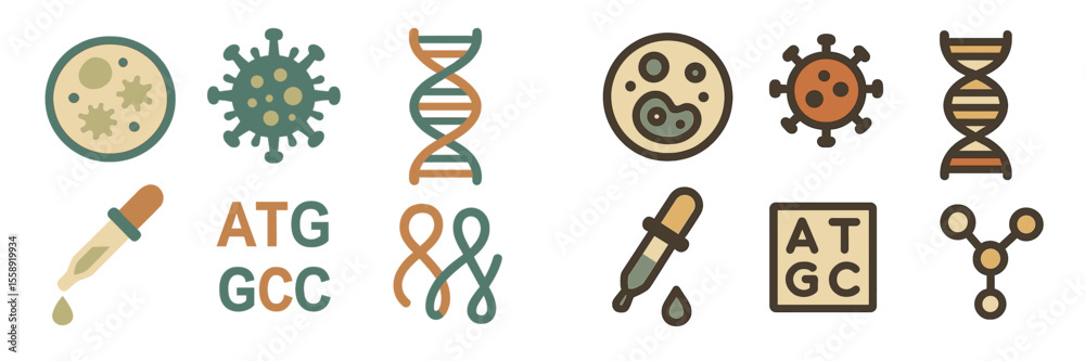 Poster illustration of various biological elements and dna structures highlighting microbiology and genetic
