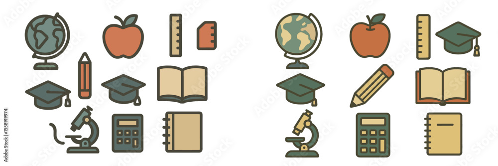 Poster educational symbols and items illustrating learning and academic success in a graphical layout