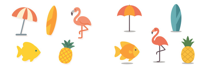 Naklejka premium Bright and colorful beach-themed illustrations featuring flamingos, surfboards, and tropical fruits for summer vibes