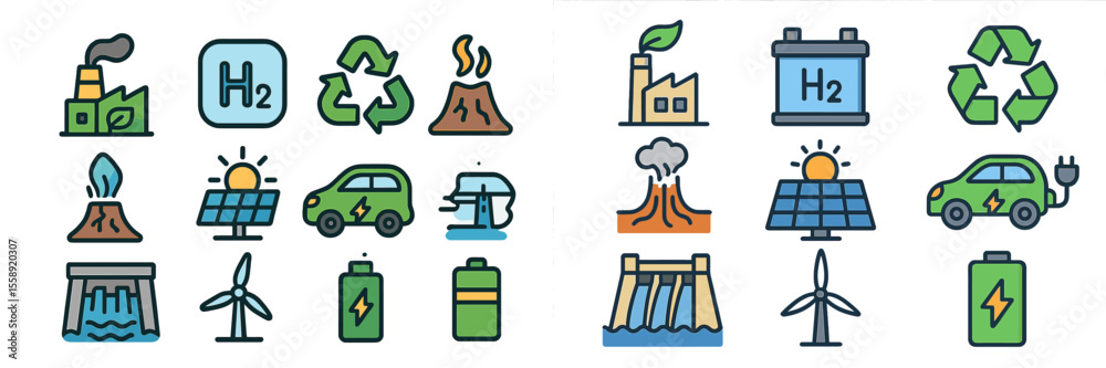 Aufkleber exploring various energy types through icons highlighting renewable sources and hydrogen innovations