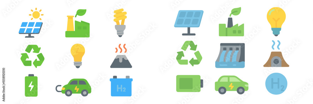 Poster icons representing renewable energy sources and sustainable practices in a vibrant design