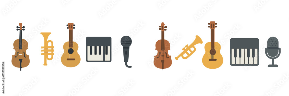 Poster musical instruments arranged in a colorful flat design showcasing a variety of sounds and styles